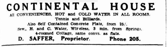 Advertisement: Continental House, all conveniences, hot and cold water in all rooms, tennis and billiards, D. Saffer, Proprietor, Phone 205