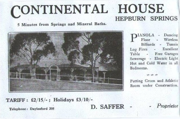 A Saffer-era advertisement for Continental House listing a pianola, dancing floor, wireless and tennis