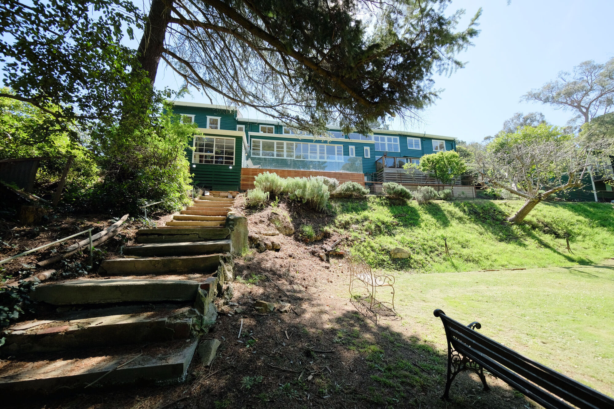 Timber steps winding up through the garden to the house